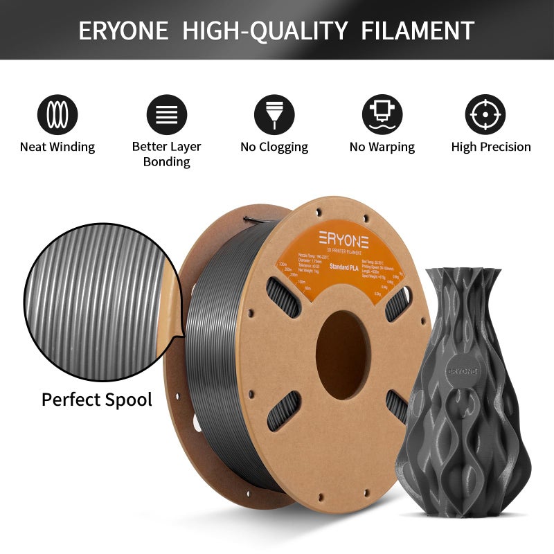 ERYONE PLA Filament 3D Printer PLA Filament 1.75mm +/- 0.03mm, PLA Filament 1KG Cardboard Spool(2.2LBS), Grey - Image 4